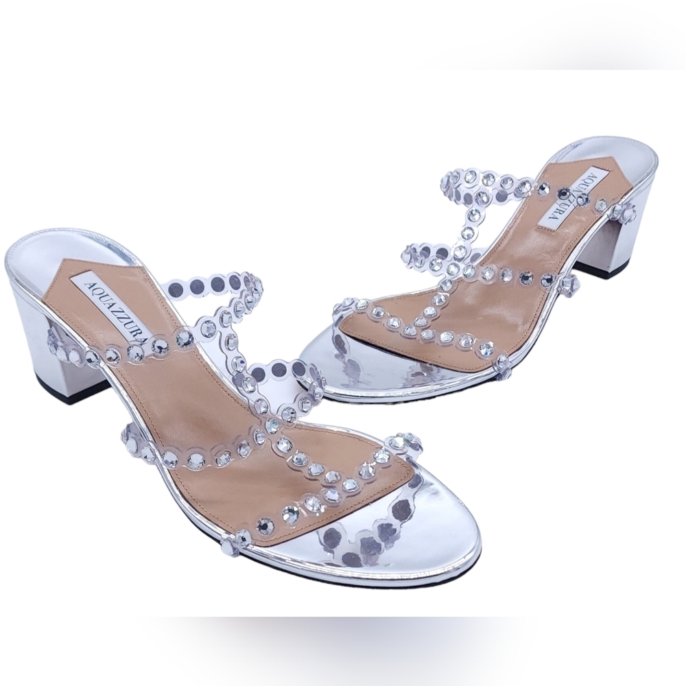 Aquazzura Sandals Tequila Crystal (Reconditioned) Blingy Block Heel Size 12 - Picture 2 of 14